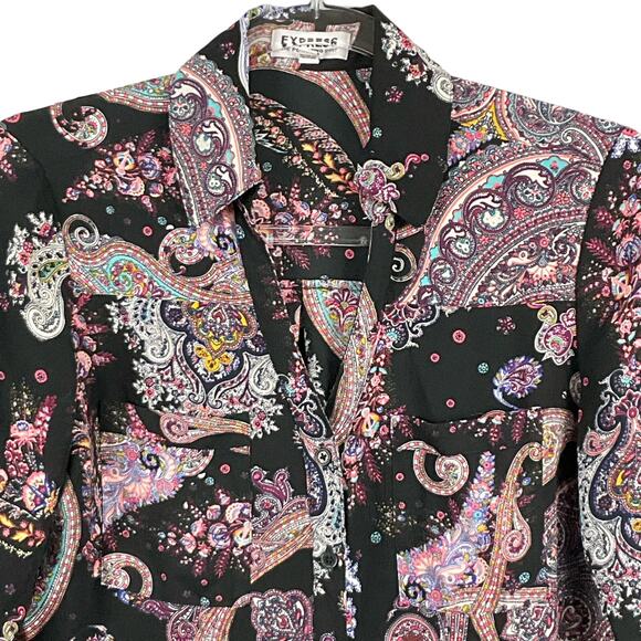 Express Womens Portofino Shirt Black Pink Paisley Print Art Button Up Down sz XS - Picture 3 of 9